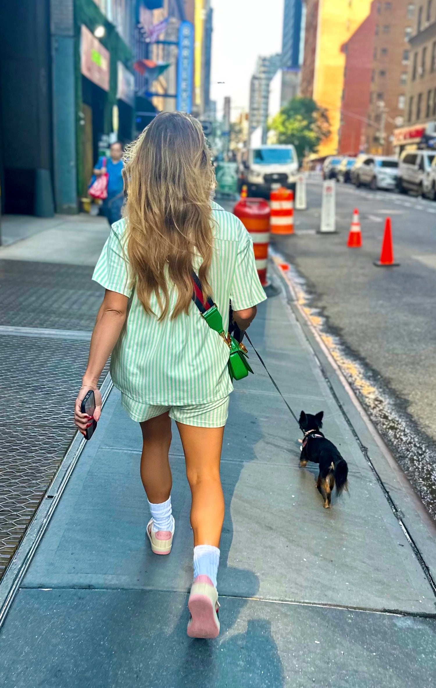Woman walking a small dog on a city street with traffic cones and construction barriers.